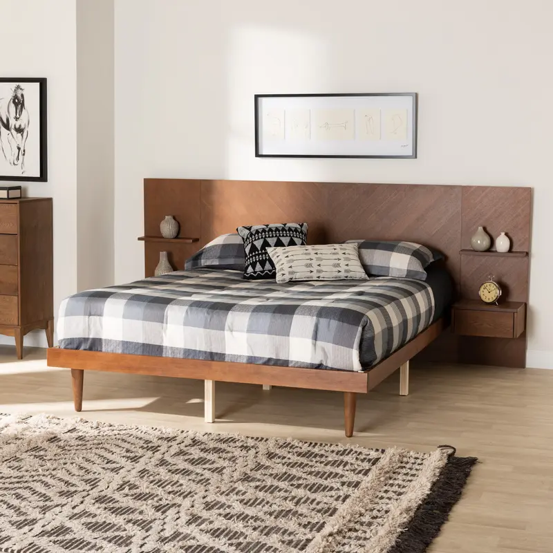 Baxton Studio Graham Mid-Century Modern Transitional Ash Walnut Finished Wood Queen Size Platform Storage Bed with Built-In Nightstands