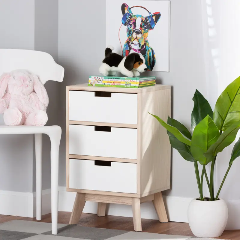 Baxton Studio Halian Mid-Century Modern Two-Tone White and Light Brown Finished Wood 3-Drawer End Table