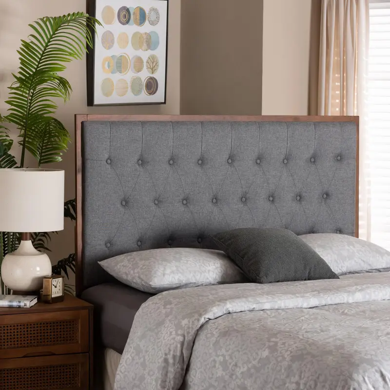 Baxton Studio Harumi Classic and Traditional Grey Fabric and Walnut Brown Finished Wood King size Headboard
