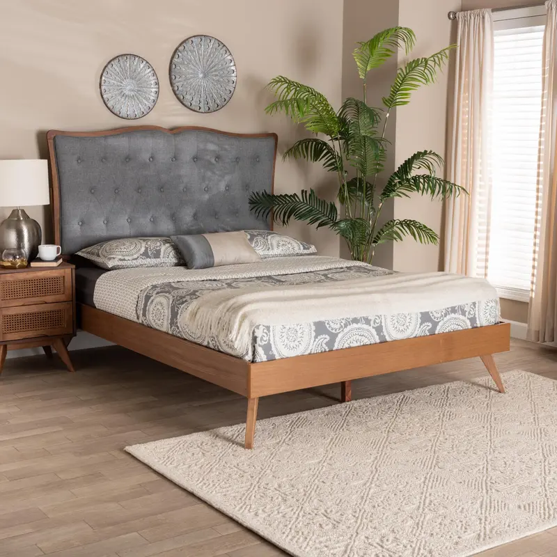 Baxton Studio Hawthorn Classic and Traditional Grey Fabric and Walnut Brown Finished Wood King Size Platform Bed