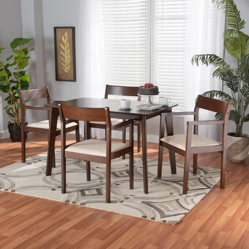 Baxton Studio Helene Mid-Century Modern Cream Fabric and Dark Brown Finished Wood 5-Piece Dining Set