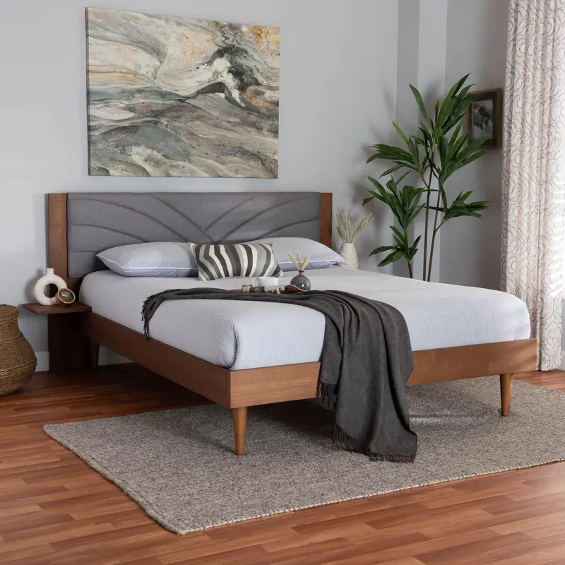 Baxton Studio Hemera Mid-Century Modern Grey Fabric and Walnut Brown Wood Queen Size Platform Bed With Floating Side Table