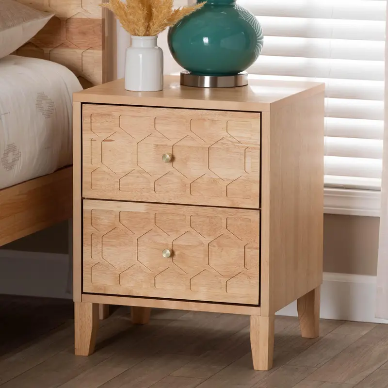 Baxton Studio Hosea Japandi Carved Honeycomb Natural 2-Drawer Nightstand