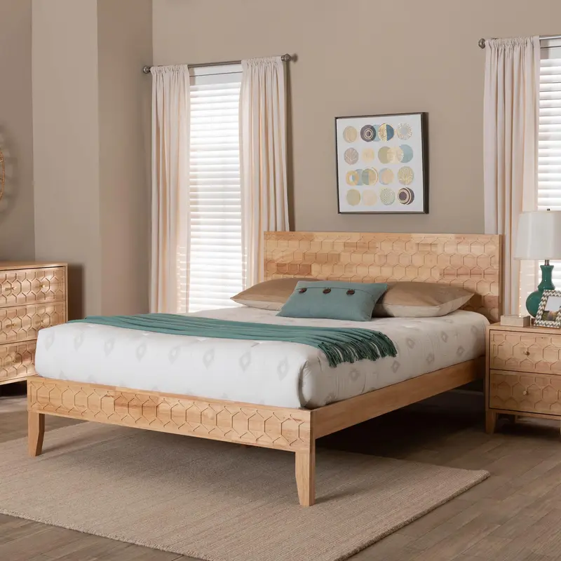 Baxton Studio Hosea Japandi Carved Honeycomb Natural Queen Size Platform Bed