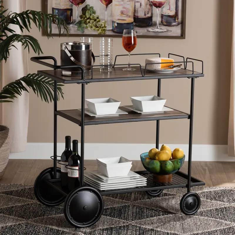 Baxton Studio Huntley Modern Industrial Walnut Brown Finished Wood and Black Metal Mobile Wine Cart