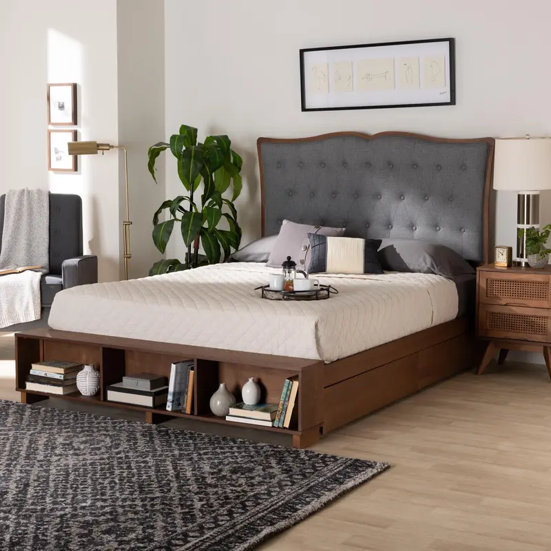 Baxton Studio Irena Classic Transitional Grey Fabric and Walnut Brown Finished Wood King Size Platform Storage Bed