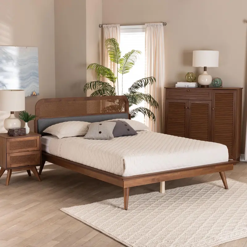 Baxton Studio Irina Mid-Century Modern Grey Fabric and Ash Walnut Finished Wood Queen Size Platform Bed
