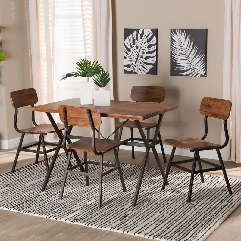 Baxton Studio Irwin Modern Industrial Walnut Brown Finished Wood and Black Metal 5-Piece Dining Set