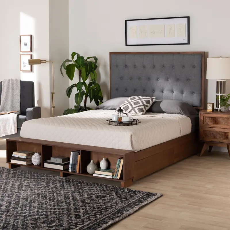 Baxton Studio Jalie Classic Transitional Grey Fabric and Walnut Brown Finished Wood King Size Platform Storage Bed