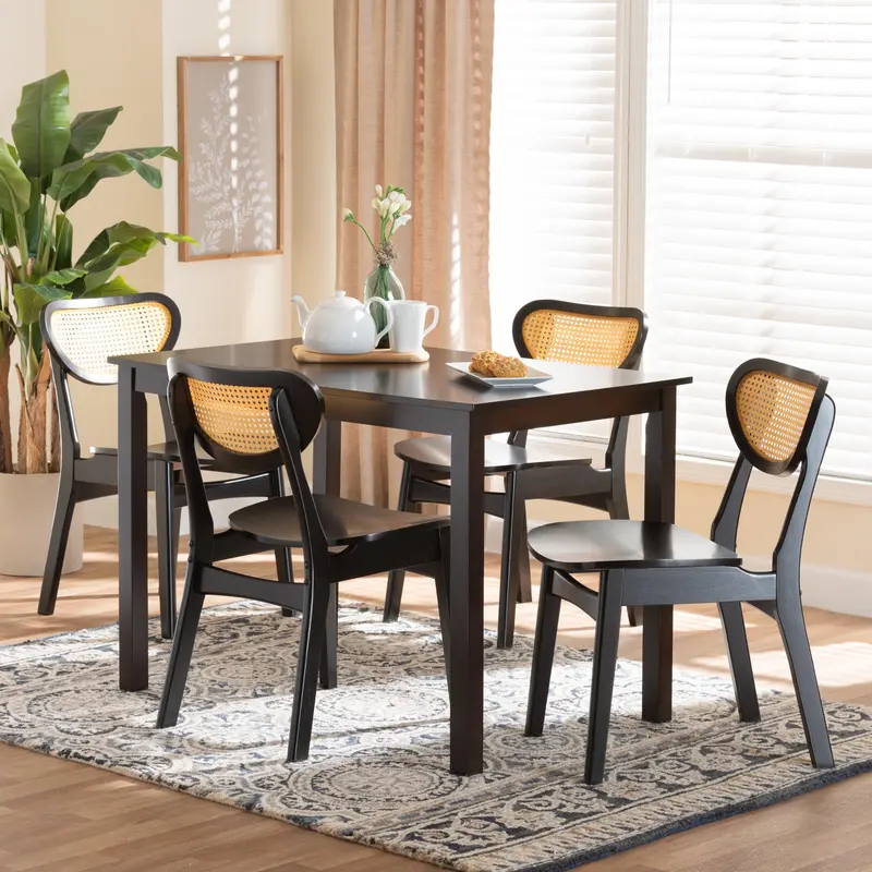 Baxton Studio Jeriah Mid-Century Modern Dark Brown Finished Wood and Woven Rattan 5-Piece Dining Set