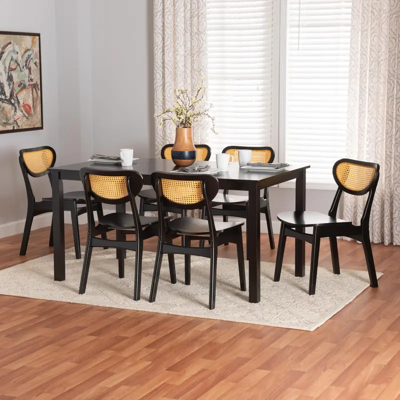 Baxton Studio Jeriah Mid-Century Modern Dark Brown Finished Wood and Woven Rattan 7-Piece Dining Set
