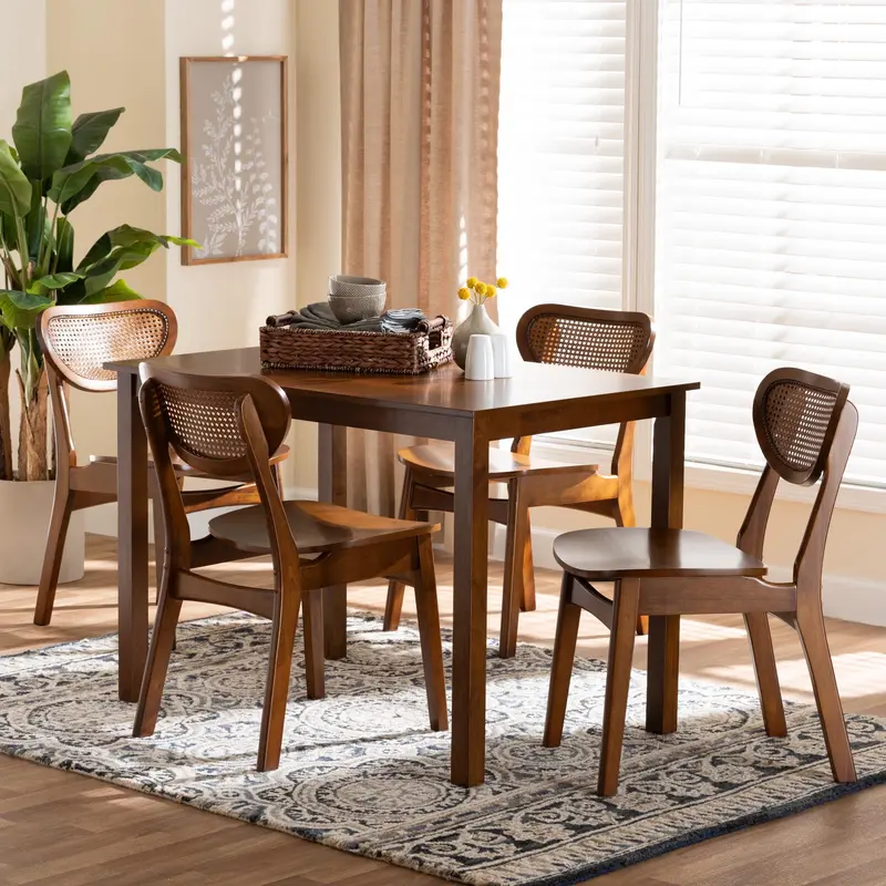 Baxton Studio Jeriah Mid-Century Modern Walnut Brown Finished Wood and Woven Rattan 5-Piece Dining Set