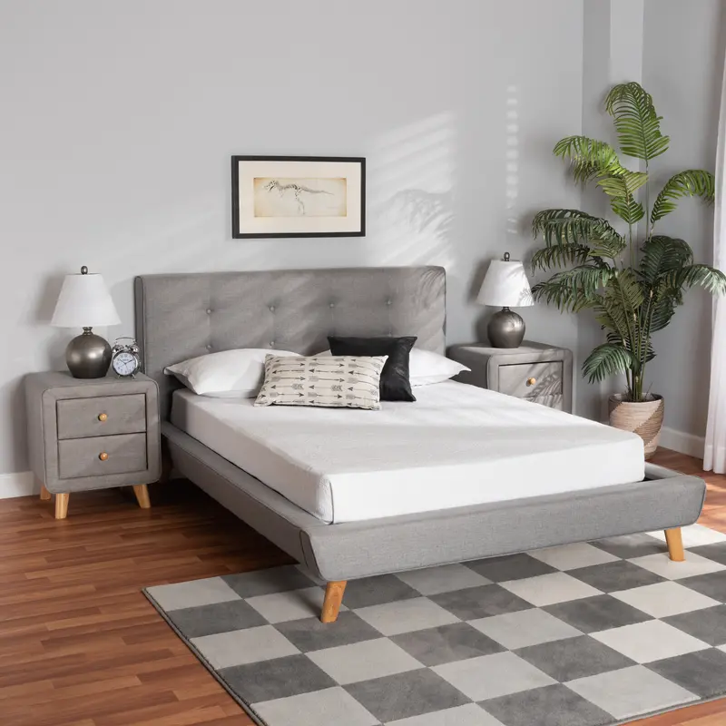 Baxton Studio Jonesy Mid-Century Modern Transitional Grey Fabric Upholstered Queen Size 3-Piece Bedroom Set