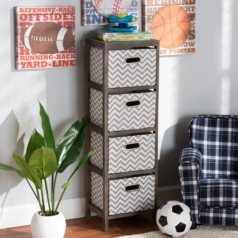 Baxton Studio Jorah Modern and Contemporary Grey and White Fabric Upholstered Greywashed Wood 4-Basket Tallboy Storage Unit