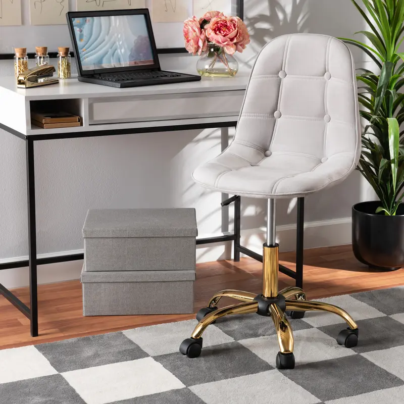 Baxton Studio Kabira Contemporary Glam and Luxe Grey Velvet Fabric and Gold Metal Swivel Office chair