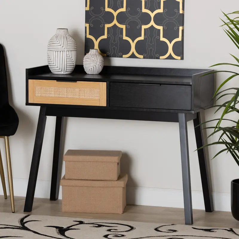 Baxton Studio Kalani Mid-Century Modern Two-Tone Espresso Brown and Natural Brown Finished Wood 2-Drawer Console Table