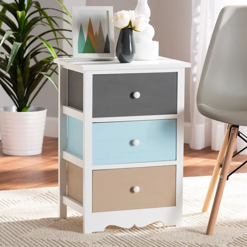 Baxton Studio Kalila Modern and Contemporary White and Multi-Colored Finished Wood 3-Drawer End Table