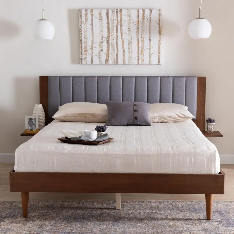 Baxton Studio Kalista Transitional Modern Grey Fabric and Walnut Brown Wood Queen Size Bed with Built-In Side Tables