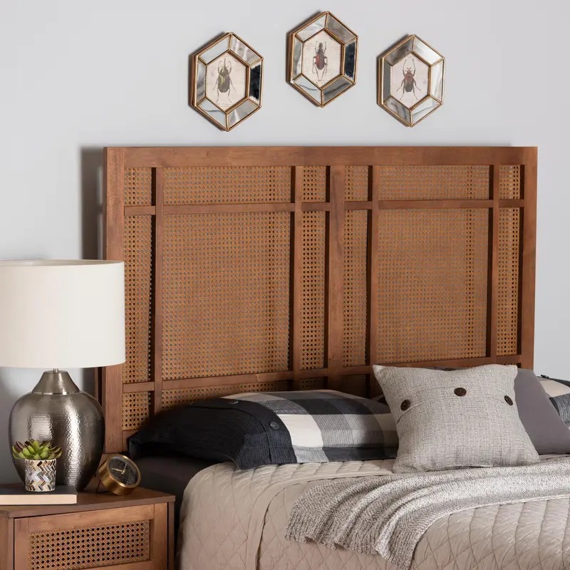 Baxton Studio Katrice Mid-Century Modern Ash Walnut Finished Wood King Size Headboard with Rattan