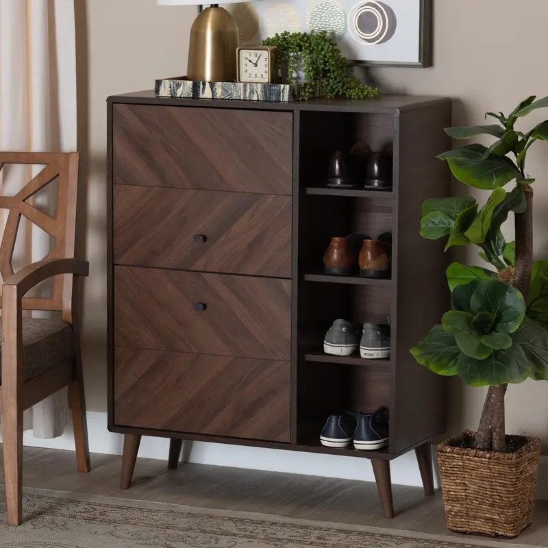 Baxton Studio Keiran Mid-Century Modern Walnut Brown Finished Wood 2-Door Shoe Cabinet