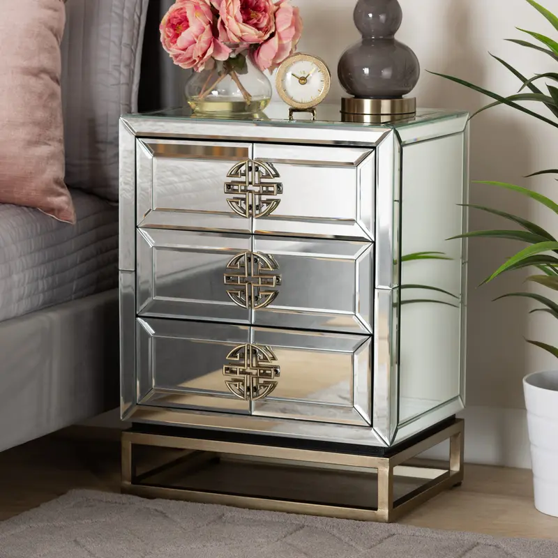 Baxton Studio Laken Contemporary Glam and Luxe Mirrored and Antique Bronze Finished 3-Drawer End Table