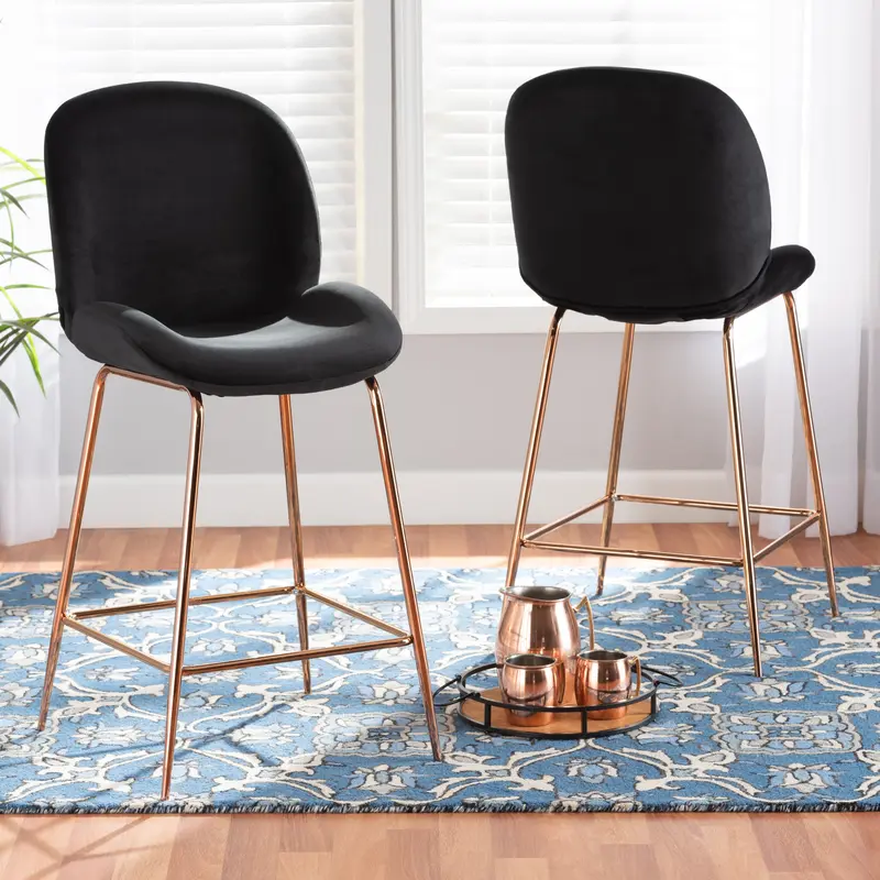 Baxton Studio Lander Modern Luxe and Glam Black Velvet Fabric Upholstered and Rose Gold Finished Metal 2-Piece Counter Stool Set