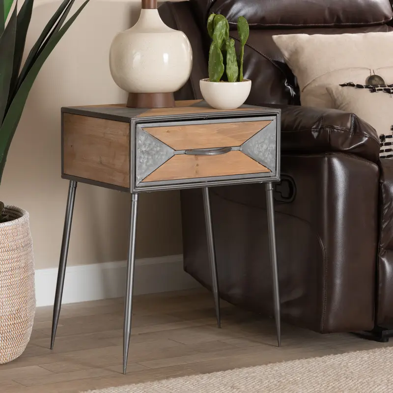 Baxton Studio Laurel Rustic Industrial Antique Grey Finished Metal and Whitewashed Oak Brown Finished Wood 1-Drawer End Table