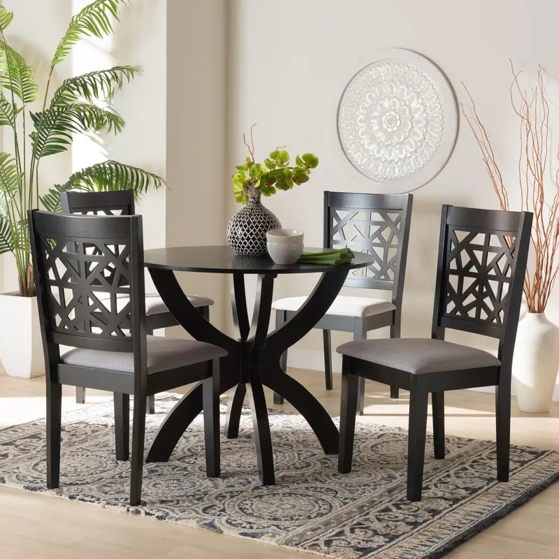 Baxton Studio Lena Modern Grey Fabric and Dark Brown Finished Wood 5-Piece Dining Set