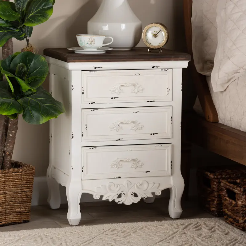 Baxton Studio Levron Classic and Traditional Walnut Brown and Antique White Finished Wood 3-Drawer End Table