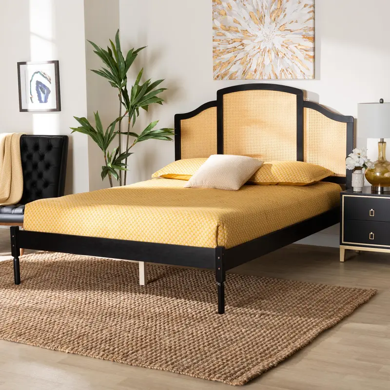 Baxton Studio Librina Classic and Traditional Black Finished Wood Queen Size Platform Bed with Woven Rattan