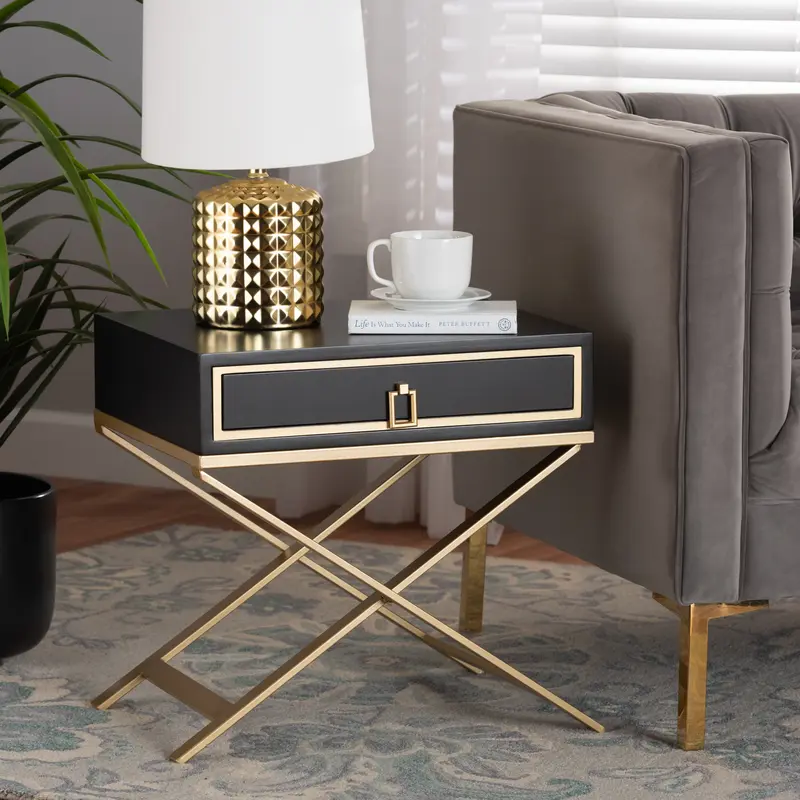 Baxton Studio Lilibet Modern Glam and Luxe Black Finished Wood and Gold Metal 1-Drawer End Table