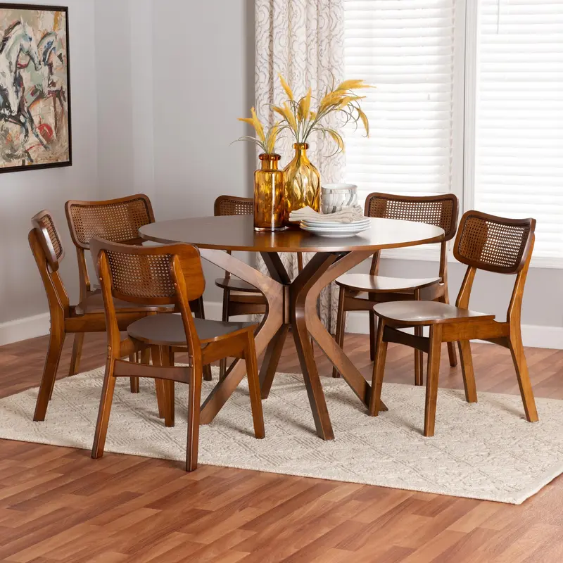 Baxton Studio Linnet Mid-Century Modern Walnut Brown Finished Wood and Rattan 7-Piece Dining Set