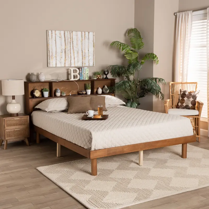 Baxton Studio Lochlan Mid-Century Modern Transitional Walnut Brown Finished Wood Queen Size Platform Bed with Charging Station