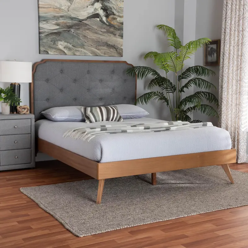 Baxton Studio Lorana Mid-Century Modern Grey Fabric and Walnut Brown Wood Queen Size Platform Bed