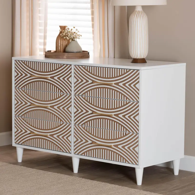 Baxton Studio Louetta Coastal White Carved Contrasting 6-Drawer Dresser