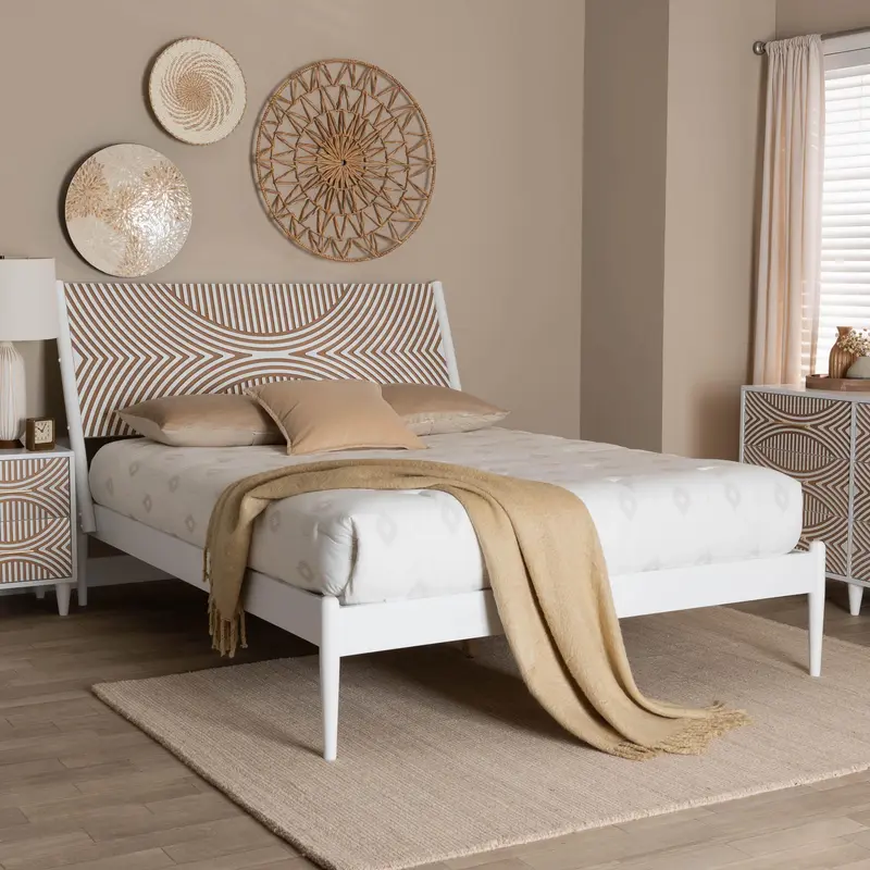 Baxton Studio Louetta Coastal White Queen Size Platform Bed with Carved Contrasting Headboard