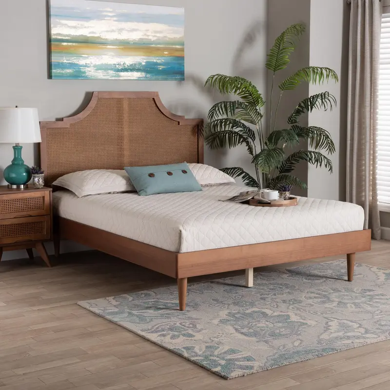 Baxton Studio Macaria Mid-Century Modern Ash Walnut Woven Rattan Queen Size Bed