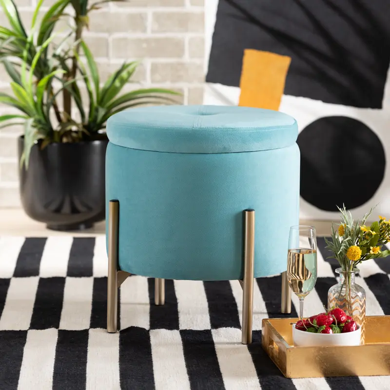 Baxton Studio Malina Contemporary Glam and Luxe Sky Blue Velvet Fabric Upholstered and Gold Finished Metal Storage Ottoman