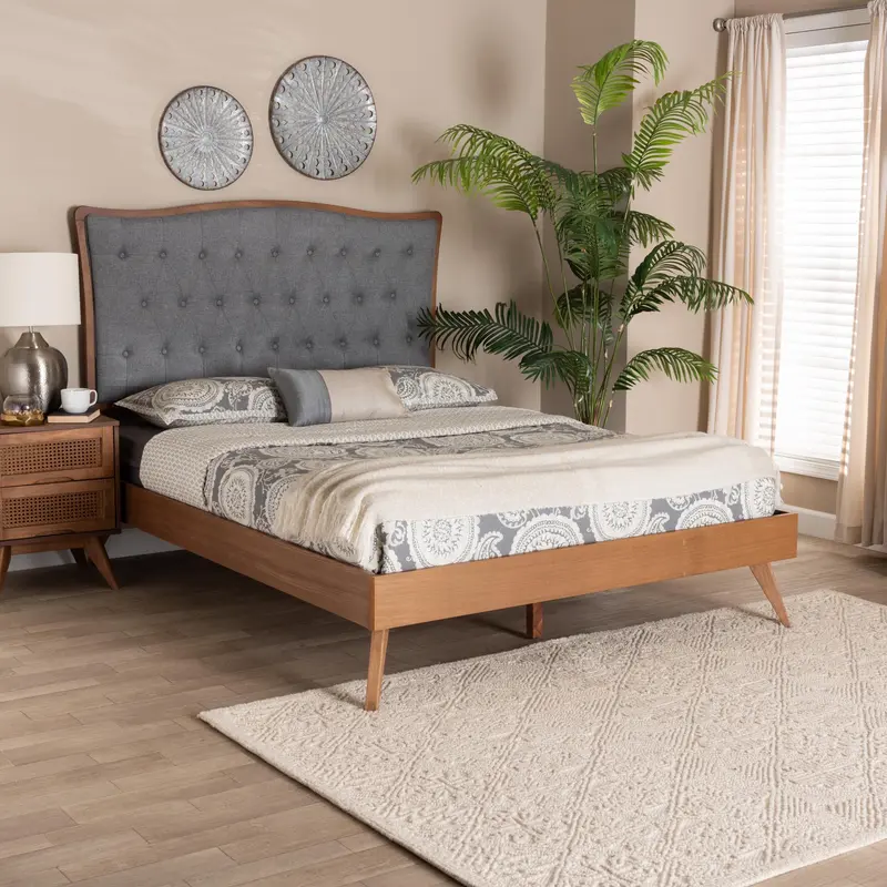 Baxton Studio Malle Classic and Traditional Grey Fabric and Walnut Brown Finished Wood King Size Platform Bed