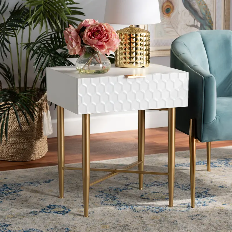 Baxton Studio Marcin Contemporary Glam and Luxe White Finished Wood and Gold Metal 1-Drawer End Table