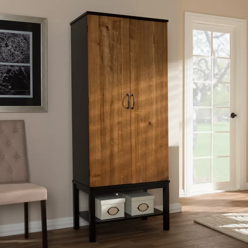 Baxton Studio Marya Mid-Century Modern Dark Brown and Walnut Two-Tone Solid Rubberwood Mdf Veneered Wine Cabinet
