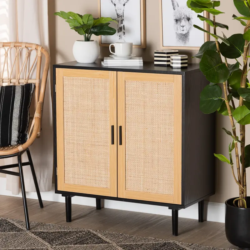 Baxton Studio Maureen Mid-Century Modern Espresso Brown Wood and Rattan 2-Door Storage Cabinet