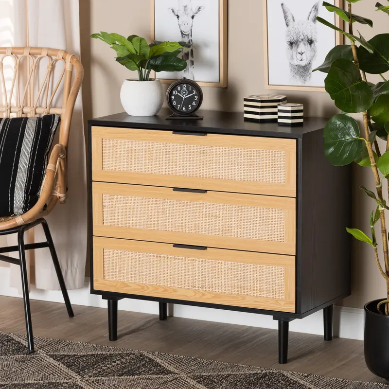 Baxton Studio Maureen Mid-Century Modern Espresso Brown Wood and Rattan 3-Drawer Cabinet