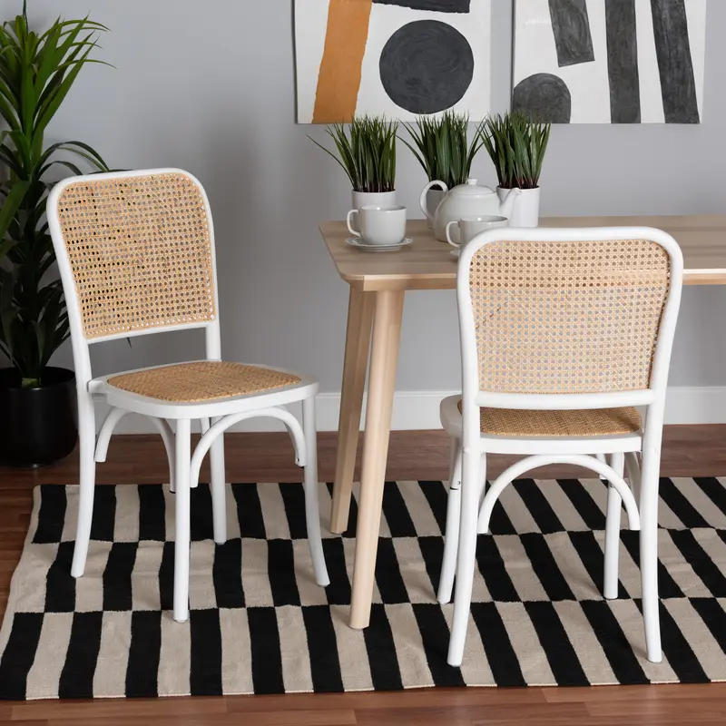 Baxton Studio Neah Japandi White Wood and Natural Rattan 2-Piece Dining Chair Set