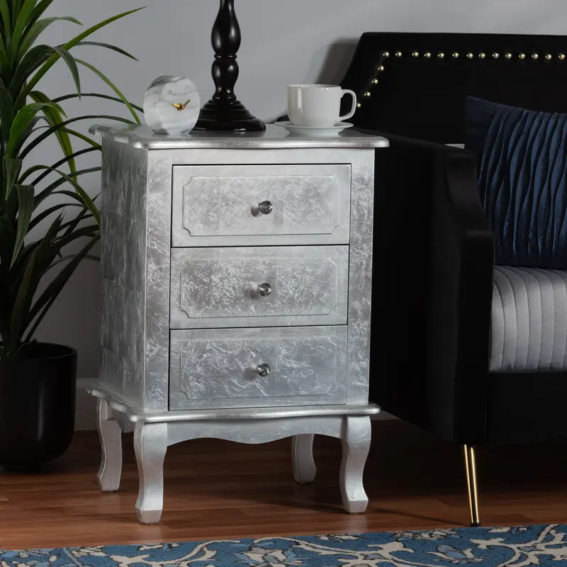 Baxton Studio Newton Classic and Traditional Silver Finished Wood 3-Drawer End Table