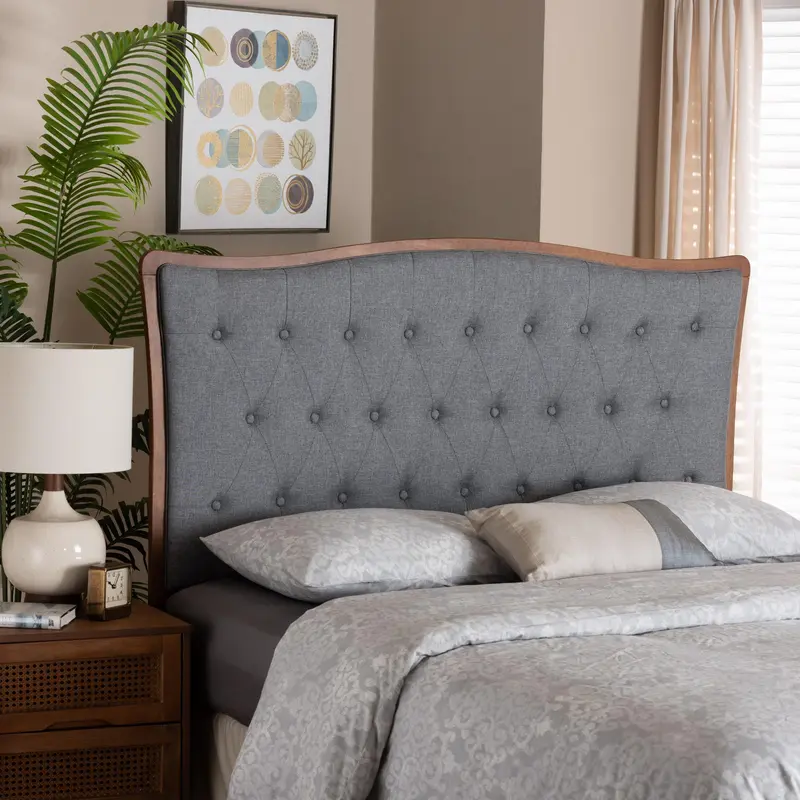 Baxton Studio Nikita Classic and Traditional Grey Fabric and Walnut Brown Finished Wood Queen Size Headboard