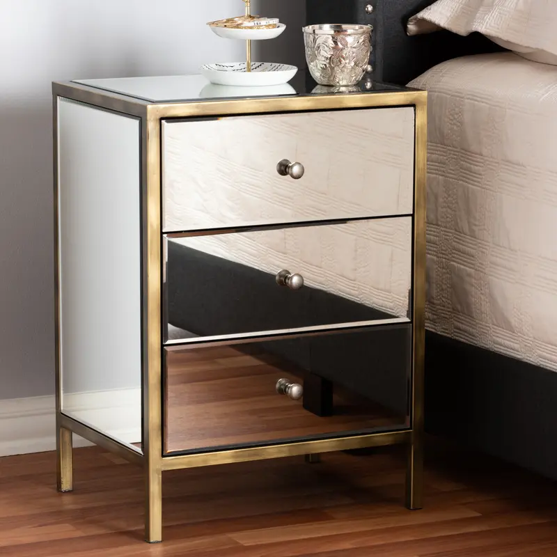 Baxton Studio Nouria Modern and Contemporary Hollywood Regency Glamour Style Mirrored 3-Drawer End Table