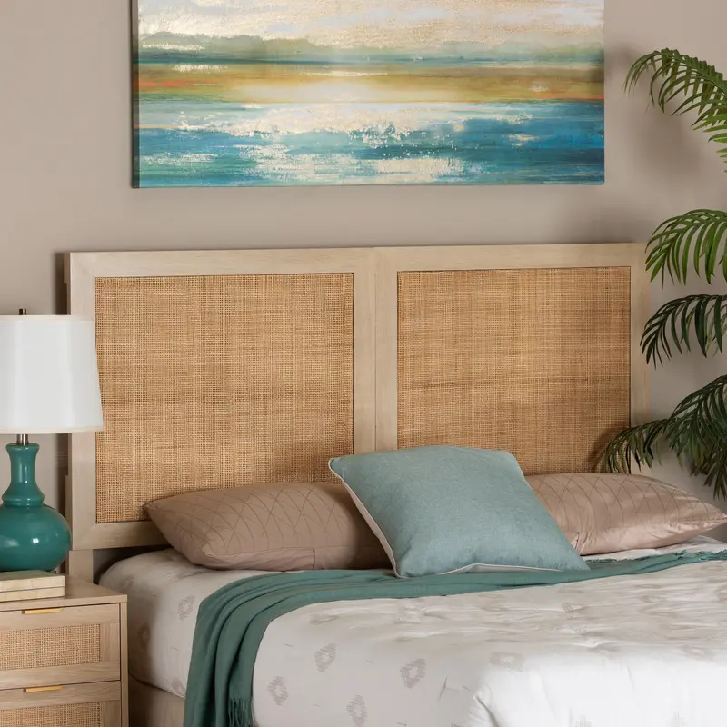 Baxton Studio Oline Modern Bohemian Light Brown Finished Wood and Natural Rattan Queen Size Headboard