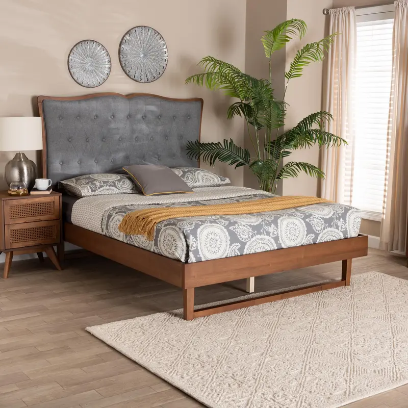 Baxton Studio Padilla Classic and Traditional Grey Fabric and Walnut Brown Finished Wood Queen Size Platform Bed