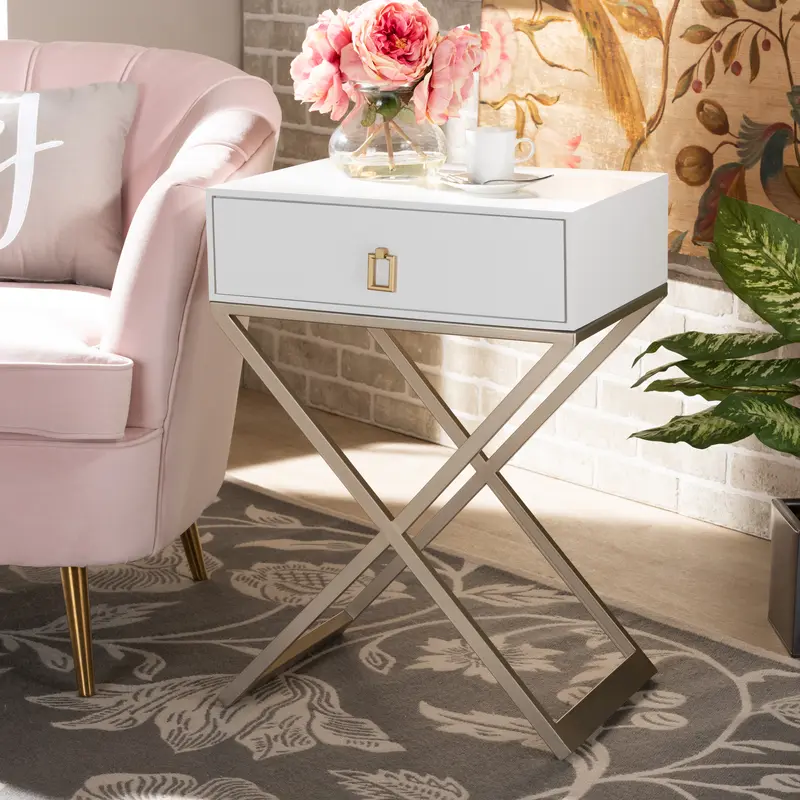 Baxton Studio Patricia Modern and Contemporary White Finished Wood and Powder Coated Brass Effect Metal 1-Drawer End Table